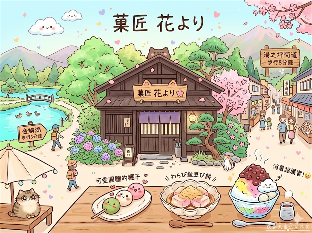 【日本大分美食】『菓匠 花より』湯布院的療癒甜點！金鱗湖必吃的糰子、蕨餅、刨冰小點心！ @傻蛋夫妻生活札記